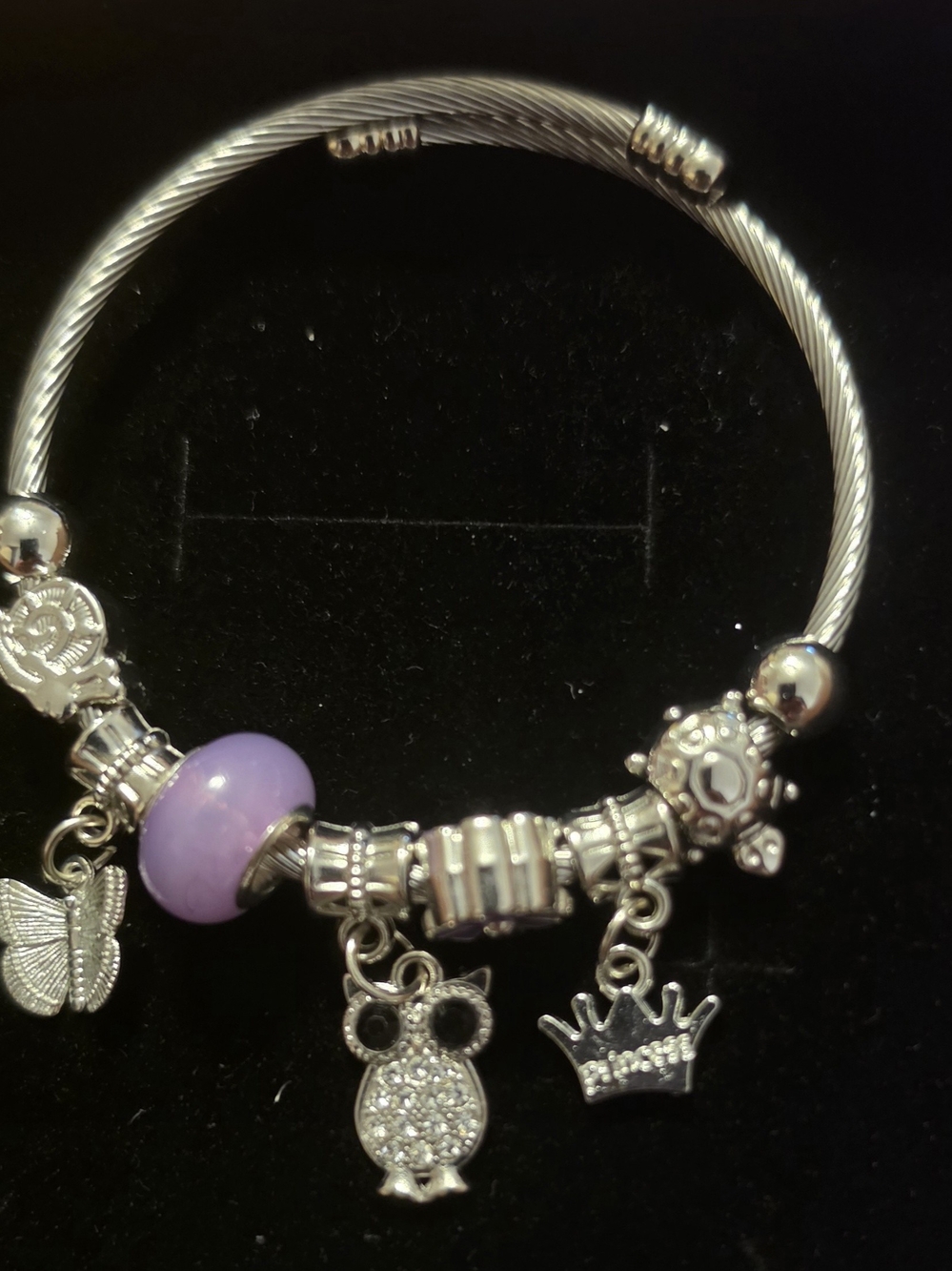 Silver Charm Bracelet with Lavender Glass Bead and Owl & Crown Charms